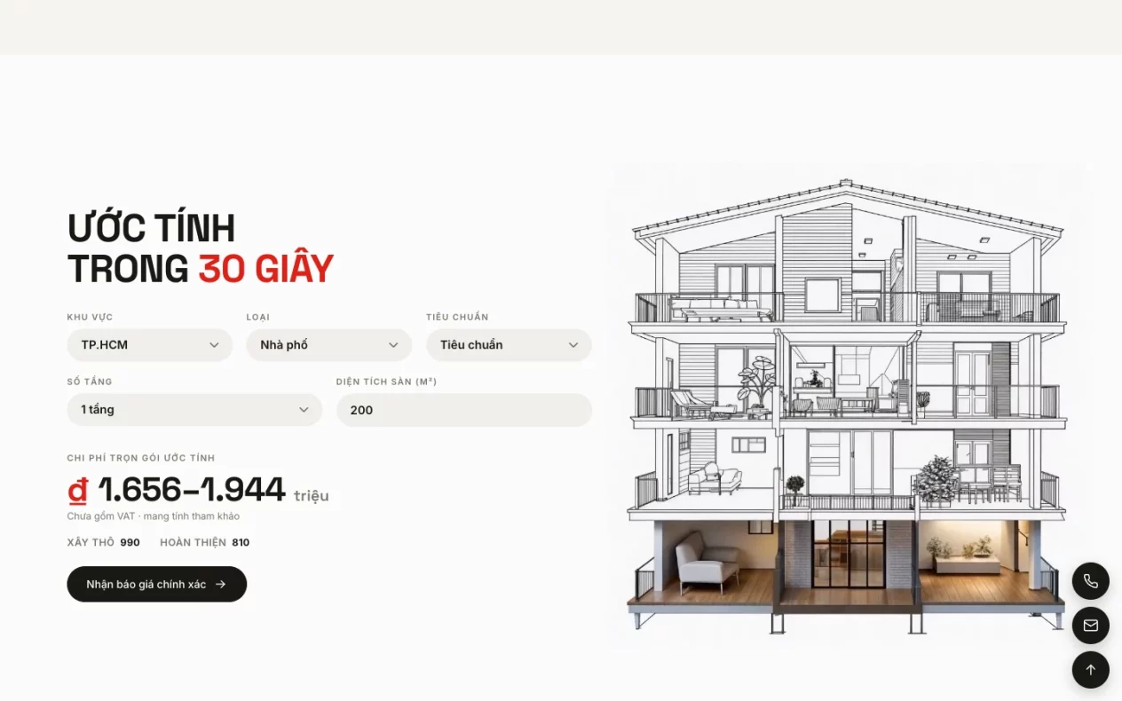 Công cụ ước tính chi phí xây nhà trọn gói trong 30 giây cạnh bản vẽ nhà bốn tầng