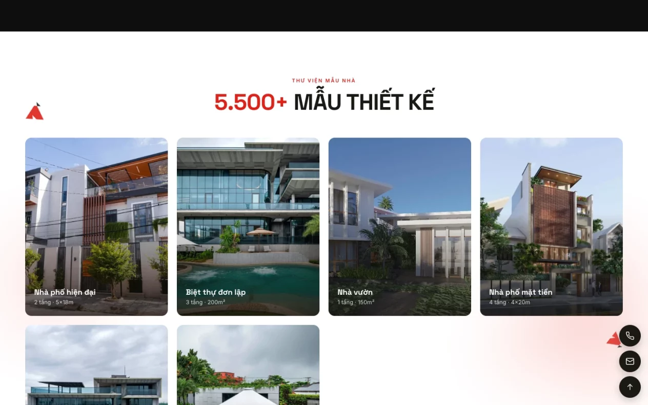 Thư viện mẫu thiết kế nhà phố và biệt thự xếp thành lưới ảnh trên website Nhavui