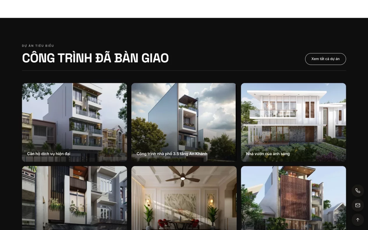 Lưới công trình đã bàn giao của Nhavui trên nền tối với ảnh nhà phố và biệt thự