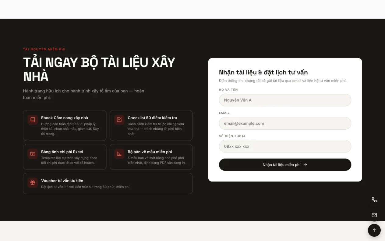 Biểu mẫu nhận bộ tài liệu xây nhà và đặt lịch tư vấn trên nền tối