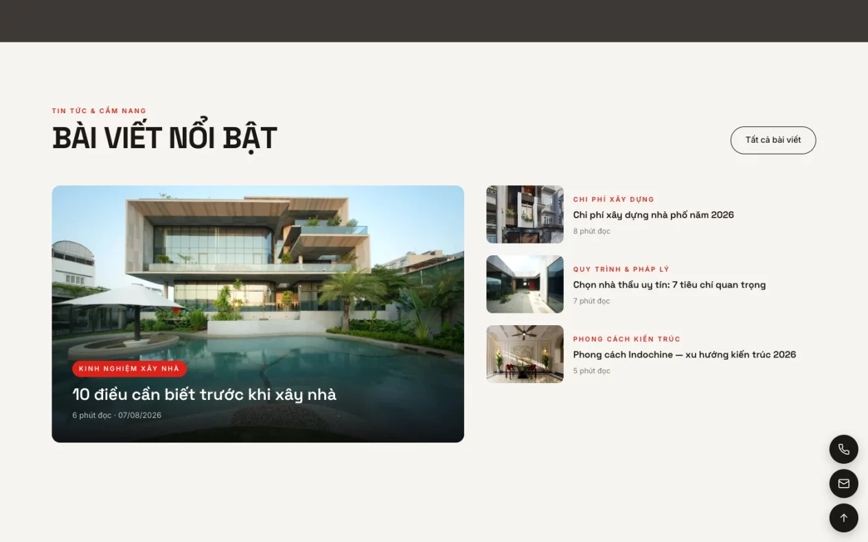 Mục bài viết nổi bật về kinh nghiệm xây nhà và chi phí xây dựng trên website Nhavui