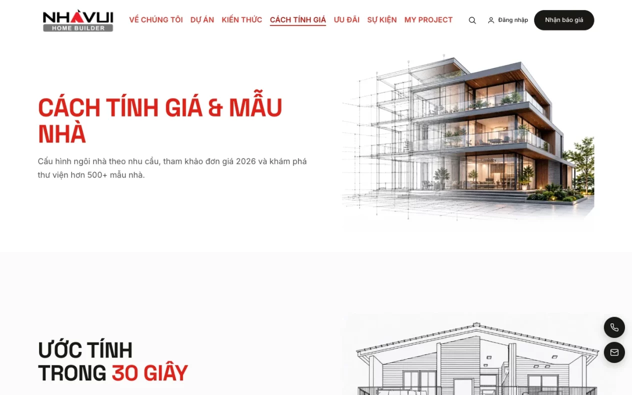 Trang Cách tính giá và mẫu nhà của Nhavui với bản vẽ phối cảnh nhà ba tầng