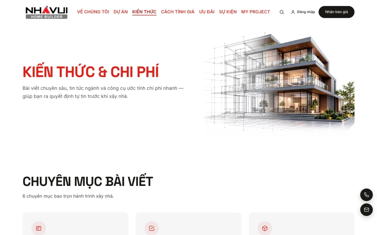 Trang Kiến thức và chi phí của Nhavui với bài viết chuyên sâu và công cụ ước tính chi phí