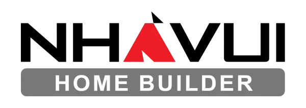 Logo Nhavui Home Builder chữ NHAVUI đen có mái nhà đỏ trên thanh xám Home Builder