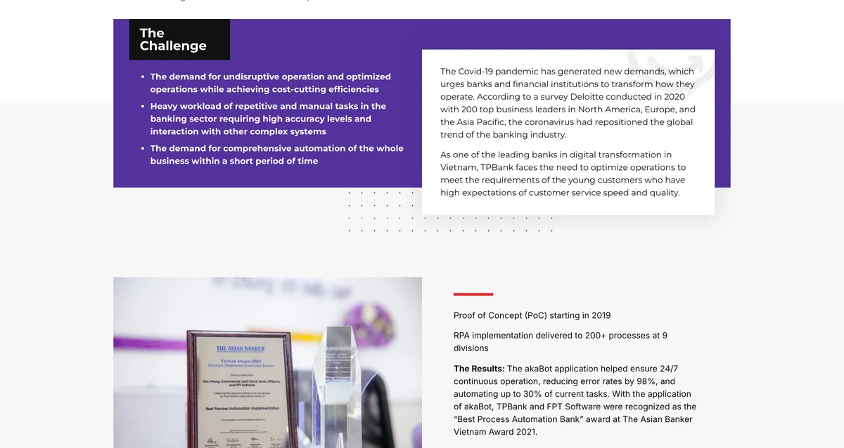 Trang case study akaBot mô tả số quy trình đã tự động và mức giảm sai sót tại một ngân hàng
