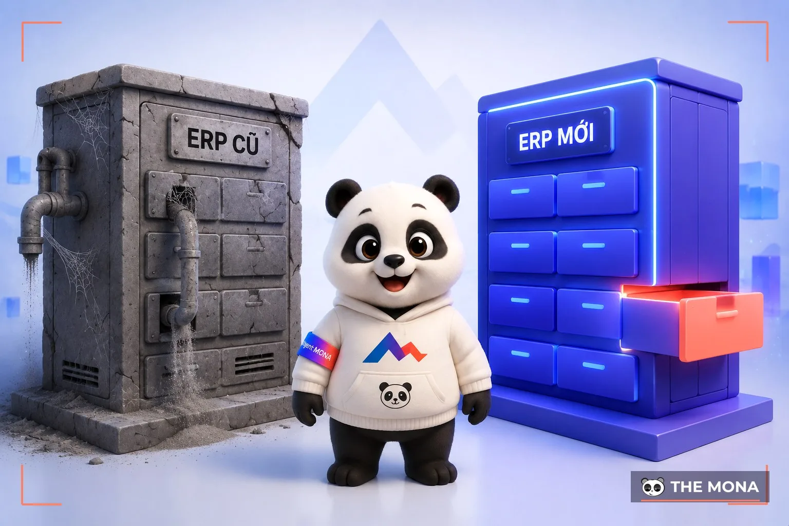 Tủ ERP cũ nứt nẻ phủ mạng nhện đặt cạnh tủ ERP mới có ngăn mô-đun thay được