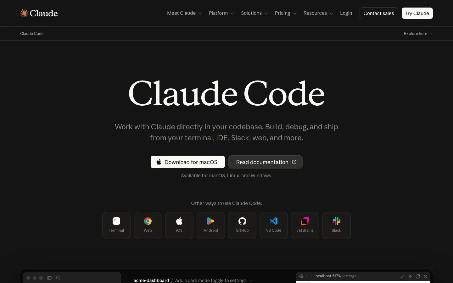 Trang chủ Claude Code chạy trong terminal và IDE