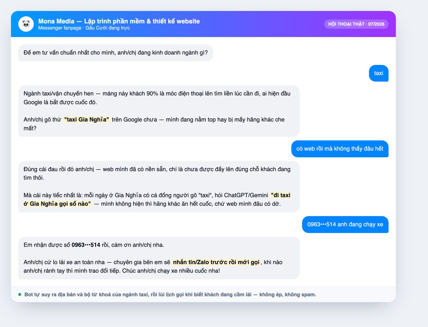 Log chat thật trên Messenger fanpage MONA: chatbot AI suy ra địa bàn ngành taxi và lùi lịch gọi khi khách đang lái xe
