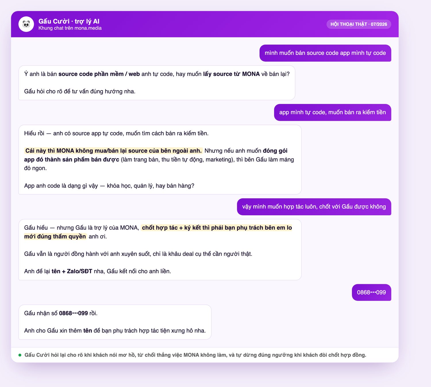 Log chat thật trên website mona.media: chatbot AI từ chối việc MONA không làm và dừng đúng ngưỡng thẩm quyền