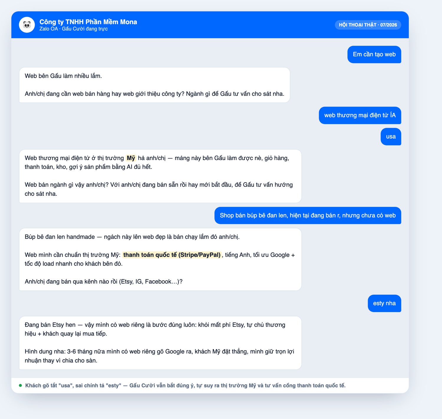Log chat thật trên Zalo OA MONA: chatbot AI hiểu khách gõ tắt usa và sai chính tả esty