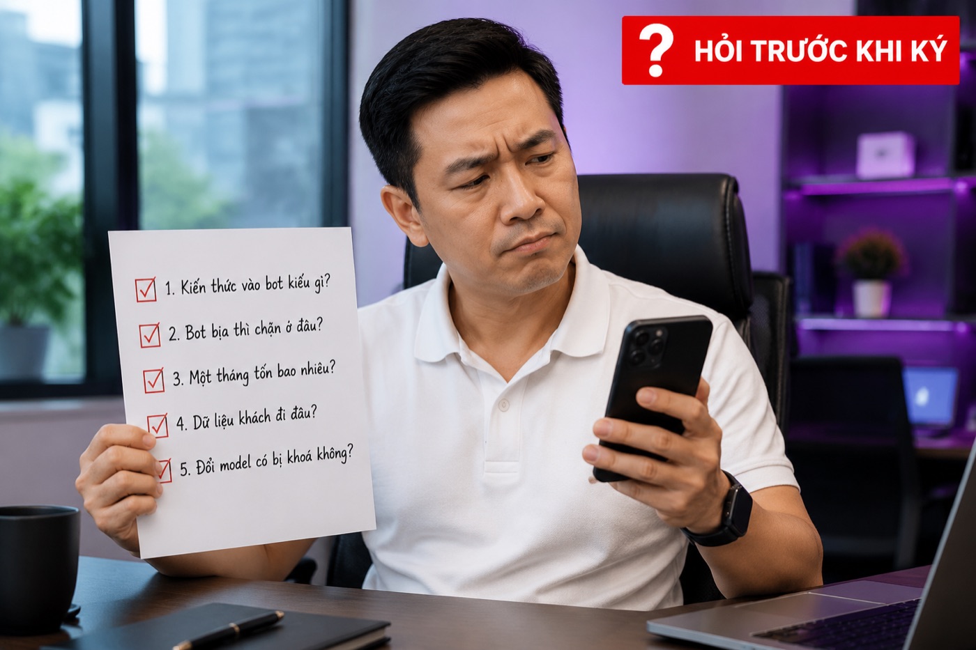 Chủ doanh nghiệp cầm danh sách năm câu cần hỏi trước khi ký hợp đồng chatbot AI