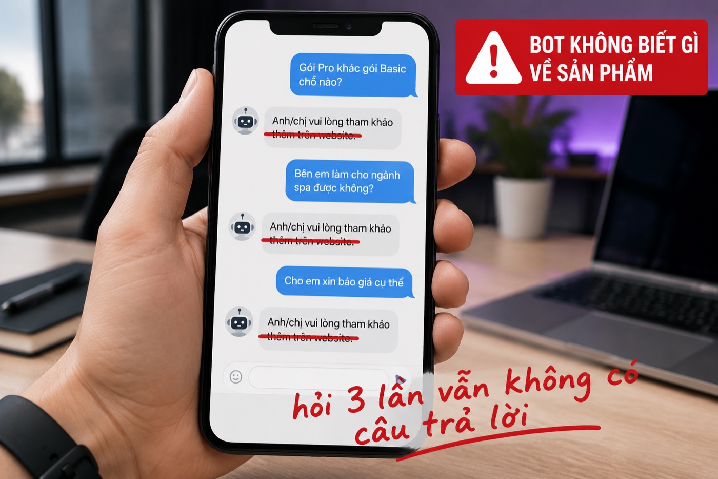 Chatbot AI không biết gì về sản phẩm, hỏi ba lần vẫn quăng lại link website