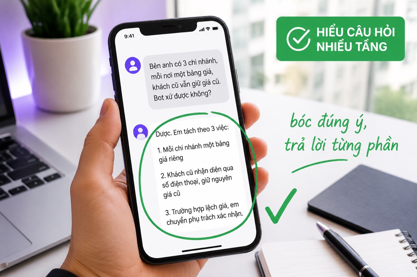 Chatbot AI Gấu Cười hiểu câu hỏi nhiều tầng và trả lời tách từng phần