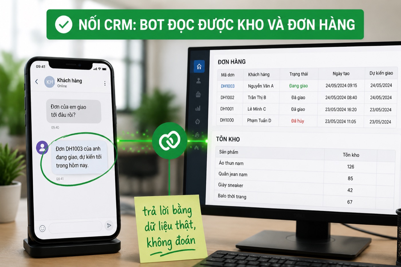 Chatbot AI Gấu Cười nối CRM đọc được tồn kho và trạng thái đơn hàng