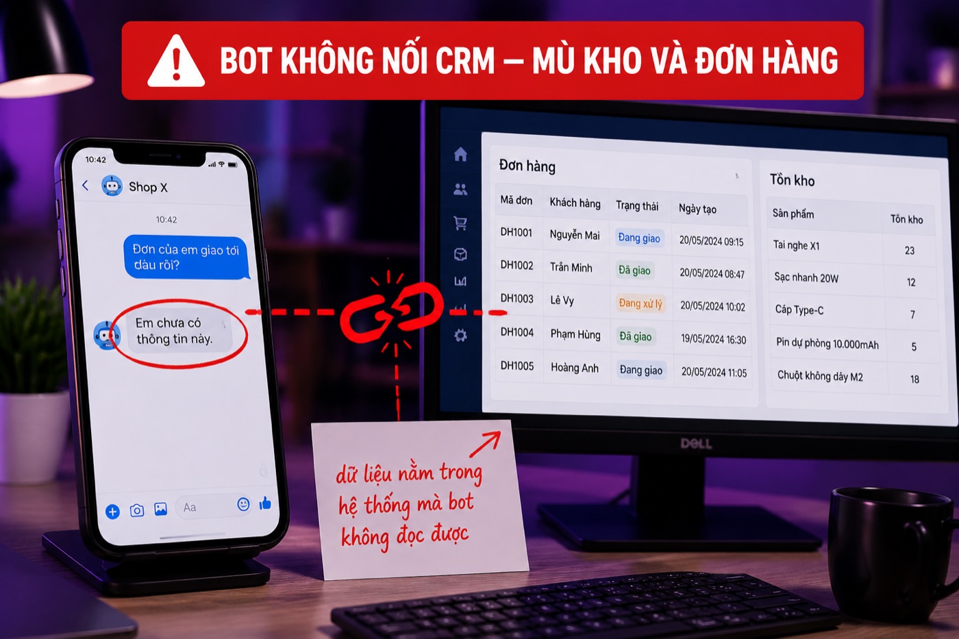 Chatbot AI không nối CRM nên mù tồn kho và đơn hàng của khách