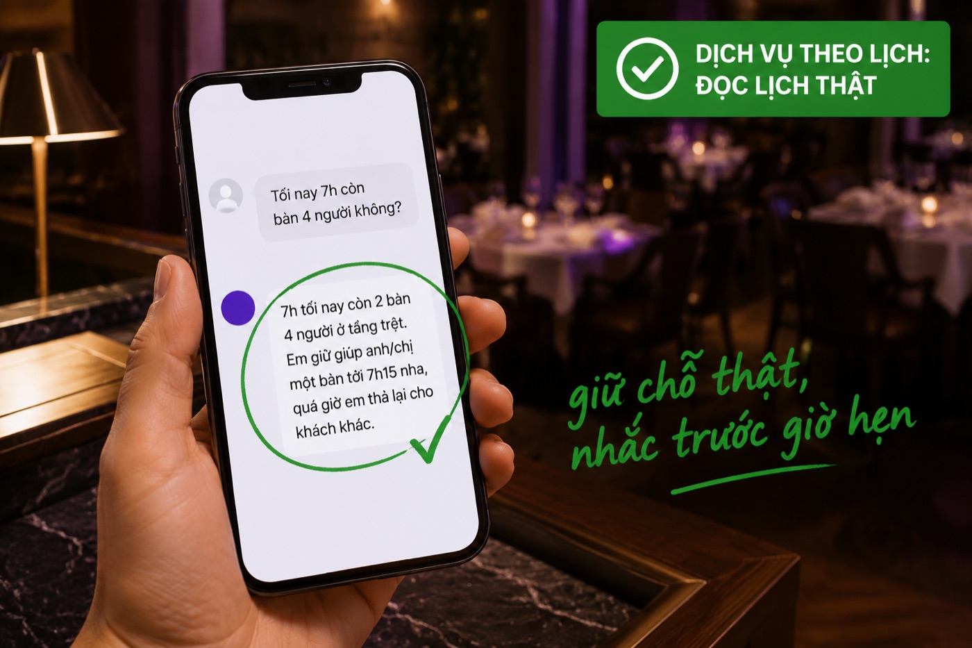 Chatbot AI ngành nhà hàng đọc lịch thật, giữ bàn 4 người lúc 7h tối