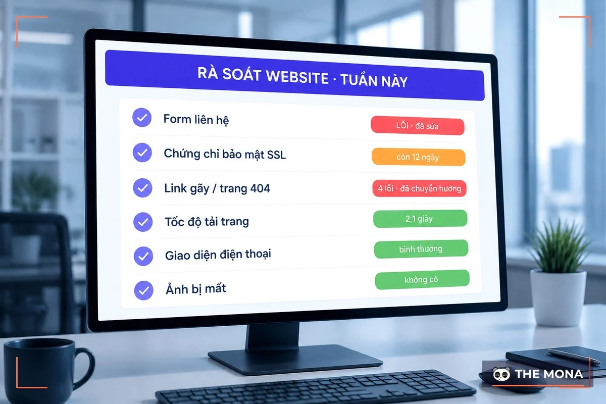 Bảng rà soát website hằng tuần hiện trạng form, SSL, link gãy, tốc độ tải