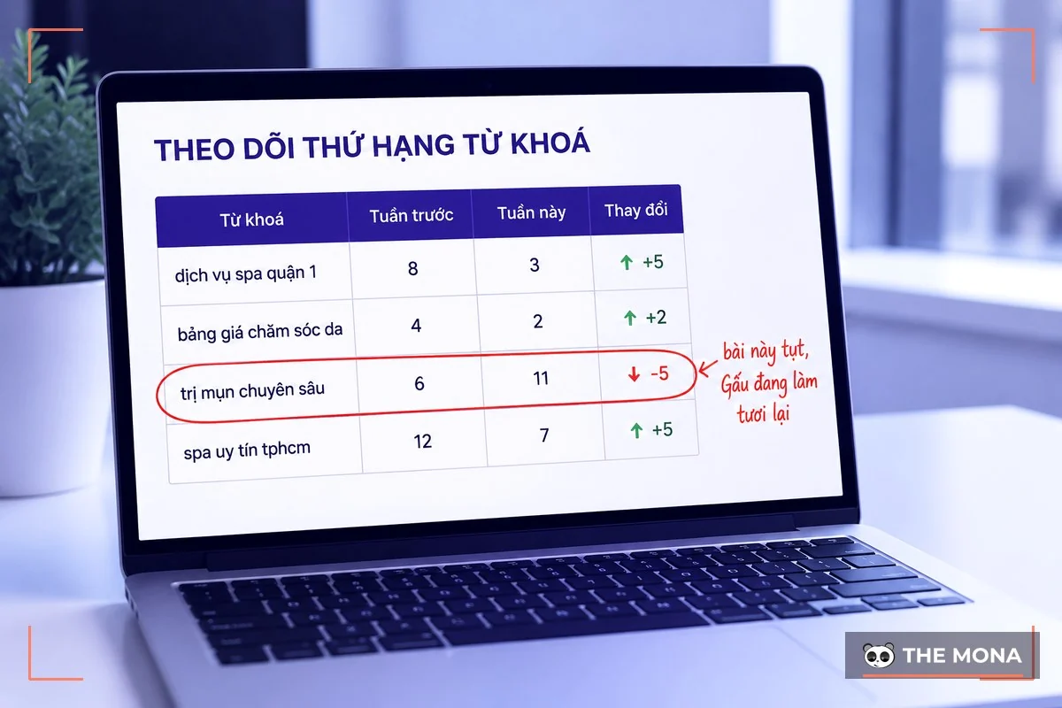 Bảng theo dõi thứ hạng từ khoá website theo tuần, có từ khoá bị tụt hạng