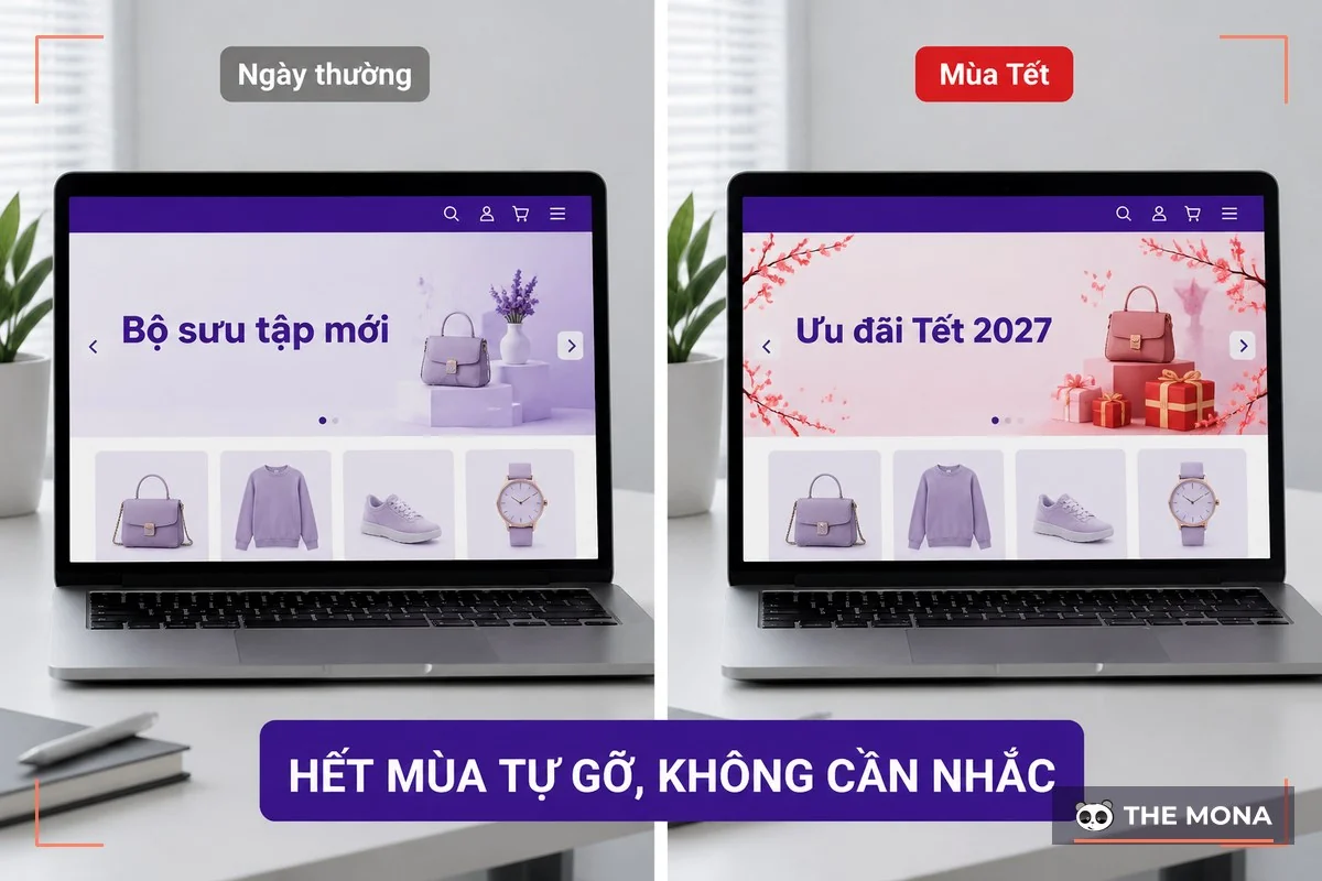 Website cùng một trang chủ ở phiên bản ngày thường và phiên bản trang trí mùa Tết