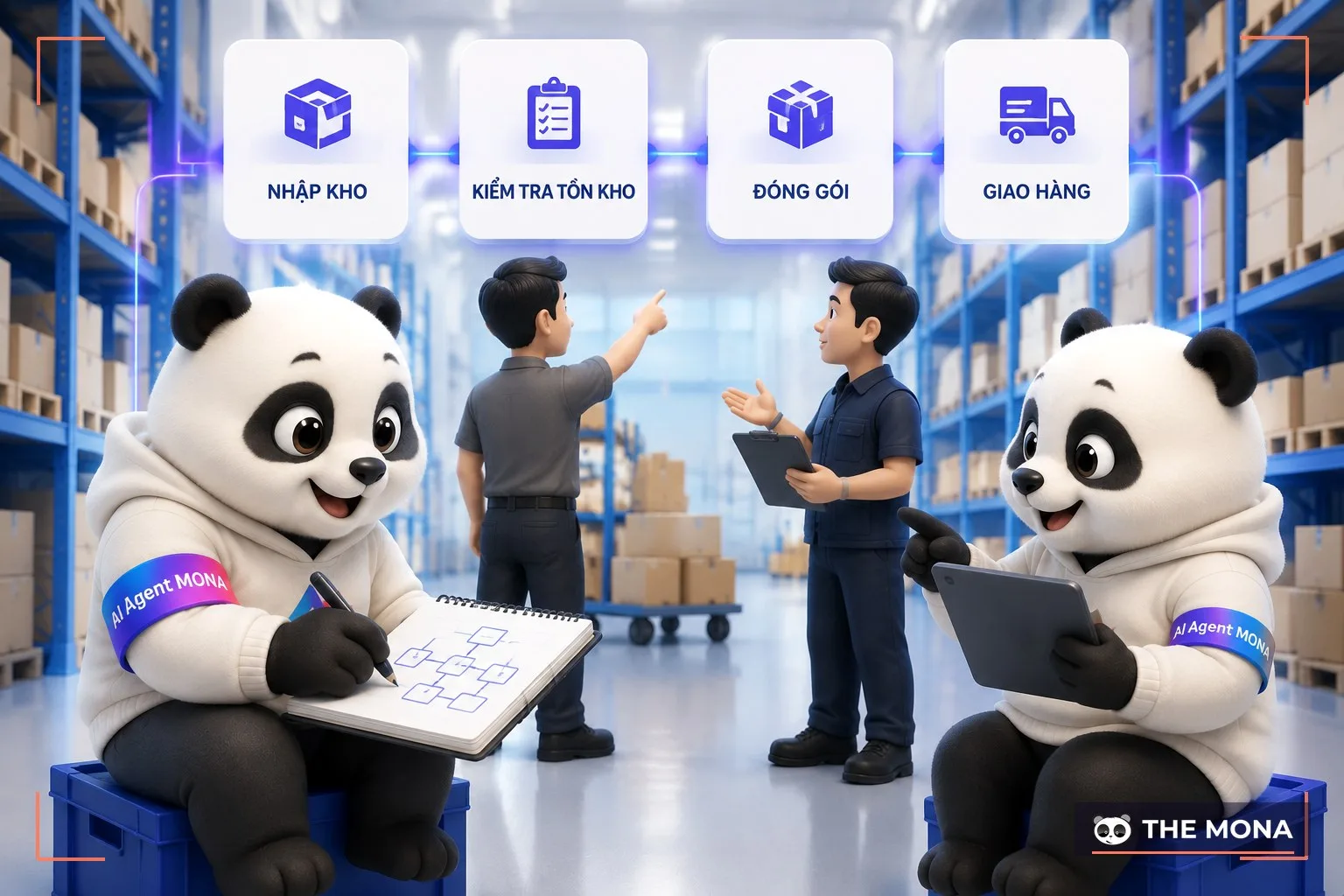 Hai gấu MONA ngồi khảo sát quy trình kho cùng nhân viên trước khi dựng ERP