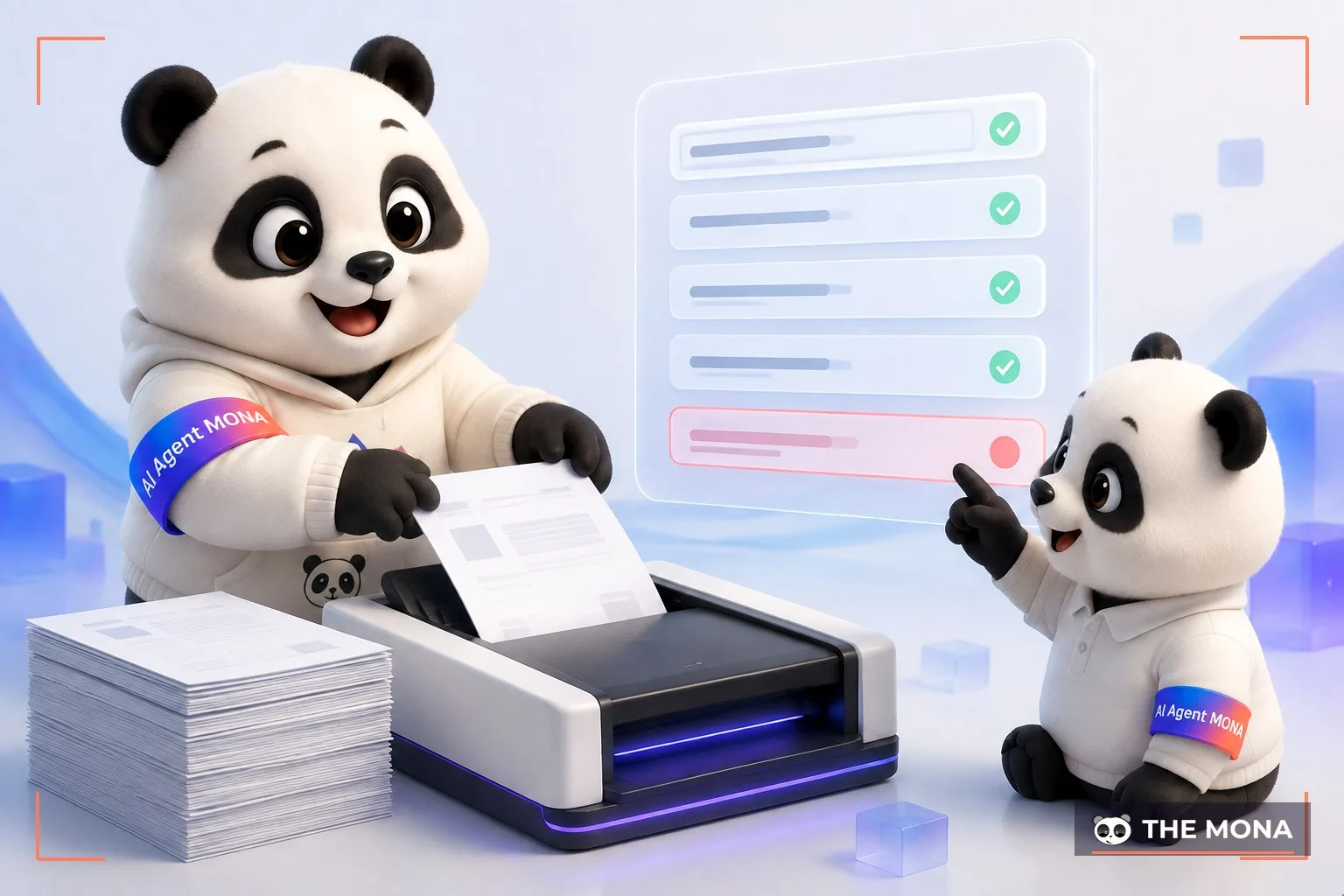 Gấu MONA đưa chồng hoá đơn giấy vào máy quét, màn hình tự điền các trường thông tin