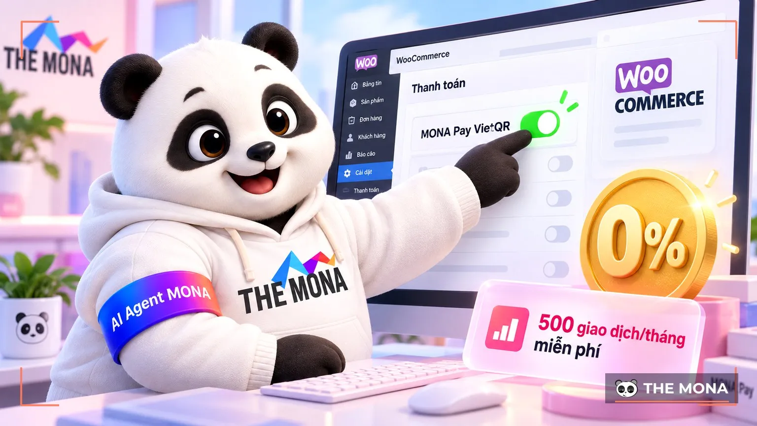 Gấu MONA gạt công tắc bật MONA Pay VietQR trên trang cài đặt WooCommerce, bên cạnh