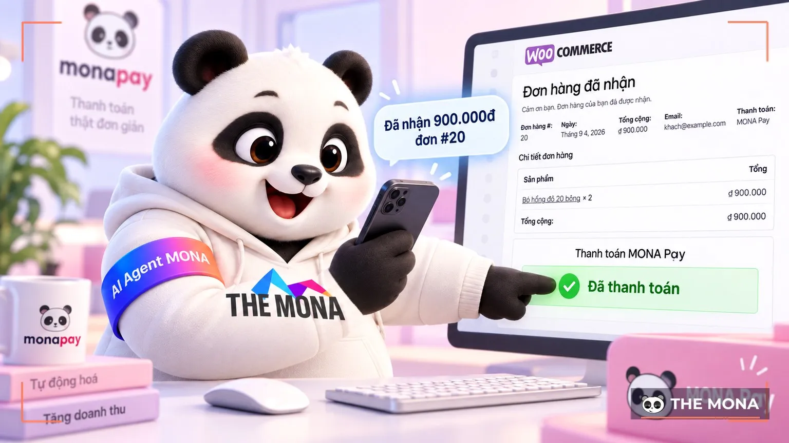 Gấu MONA cầm điện thoại, trên màn Telegram nổi Đã nhận 900.000đ đơn #20, website chuyển