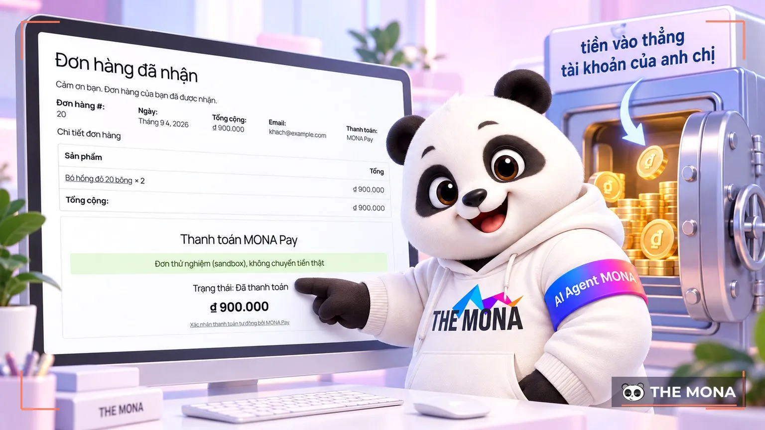 Gấu MONA đứng cạnh màn Đơn hàng đã nhận thật, chỉ vào dòng trạng thái Đã